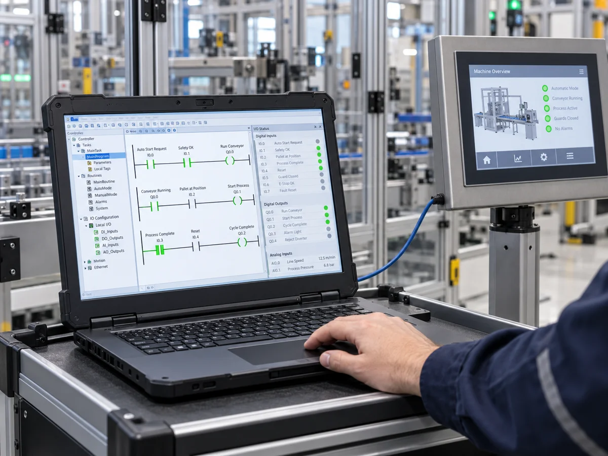 PLC programming laptop and HMI during commissioning