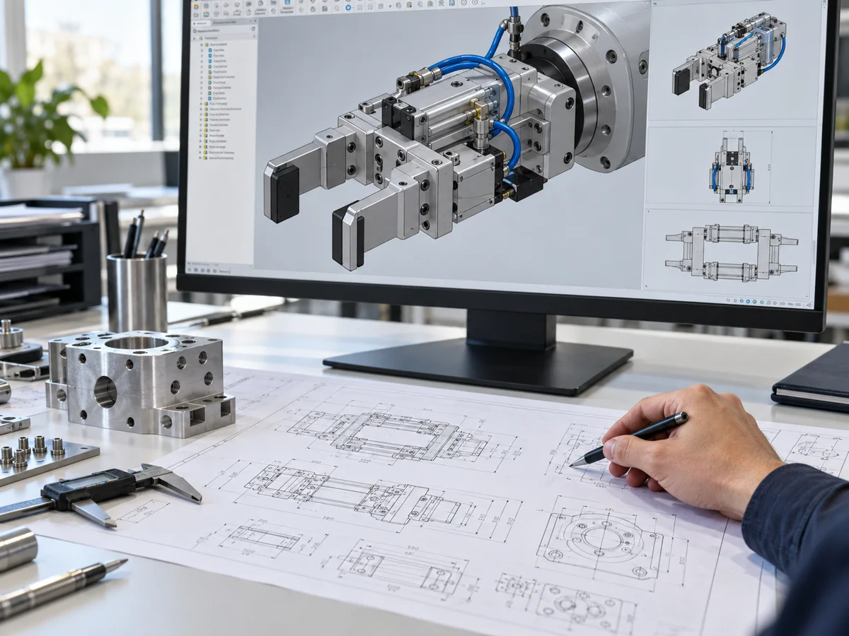Mechanical design work displayed in a CAD environment