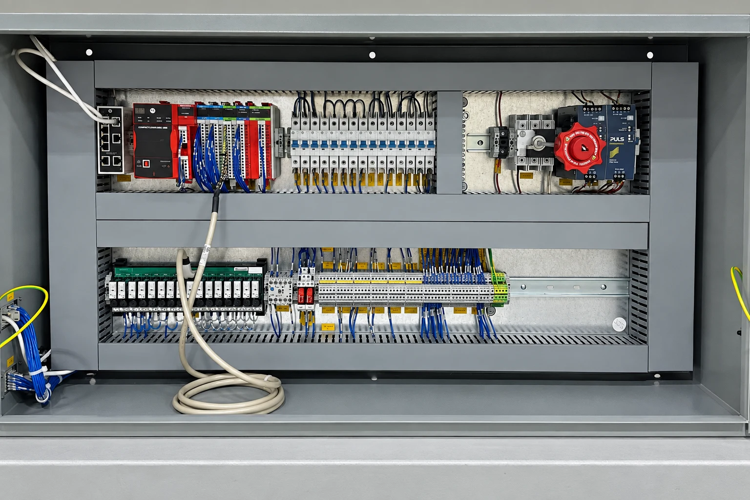 Control panel with PLC, protective devices and labeled field wiring