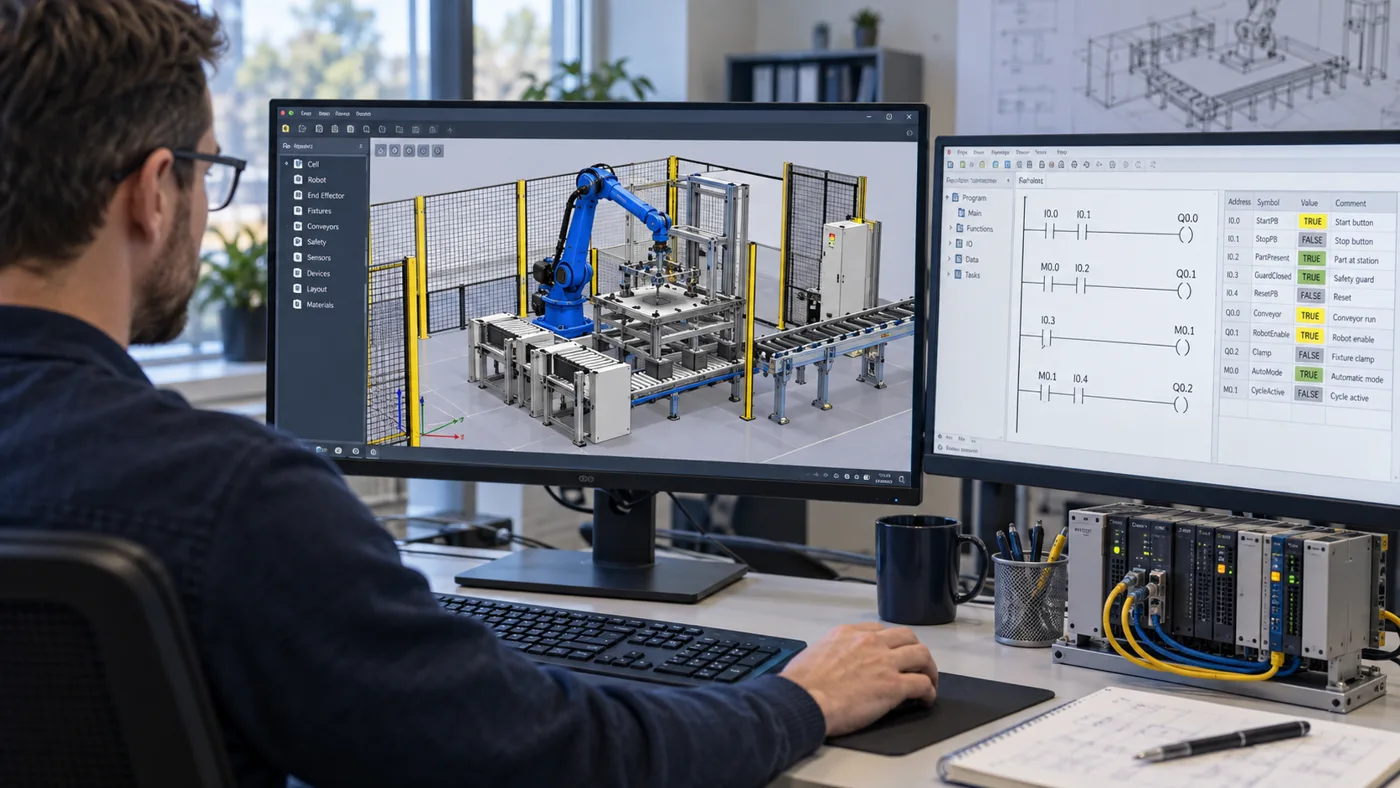 Workstation displaying a virtual automation model and control information
